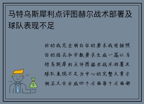 马特乌斯犀利点评图赫尔战术部署及球队表现不足