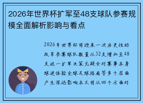 2026年世界杯扩军至48支球队参赛规模全面解析影响与看点